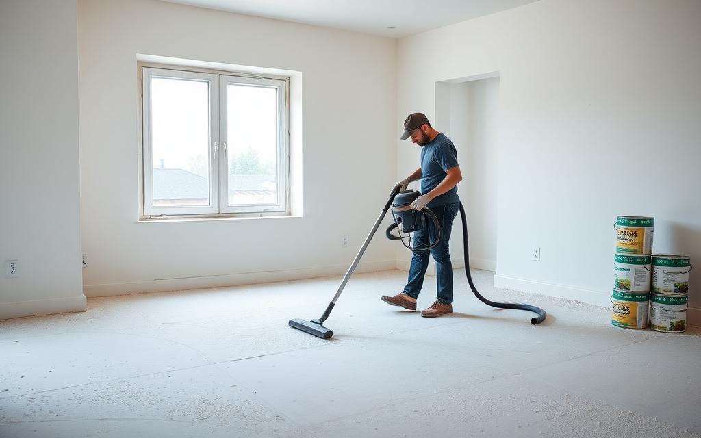 Cleaning crew removing fine renovation dust from a newly renovated apartment