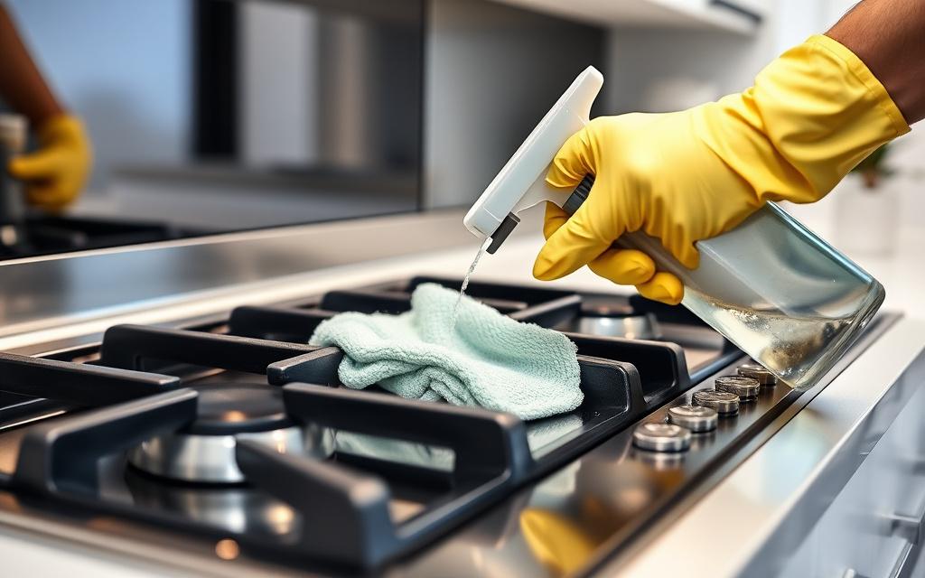 Deep cleaning a kitchen hob and cabinets
