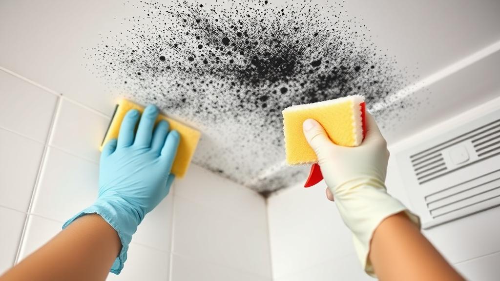Wiping early mould growth from a bathroom ceiling corner