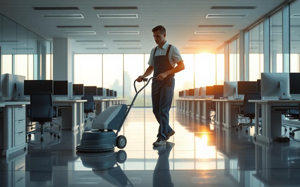 Commercial cleaner preparing an office floor before staff arrive